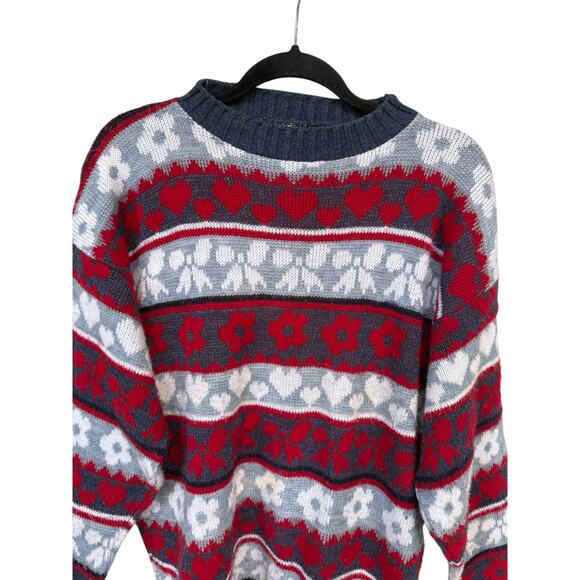 Vintage Huntington Ridge Large Acrylic Crew Sweater Hearts Bows Flowers Red Blue - Picture 4 of 7